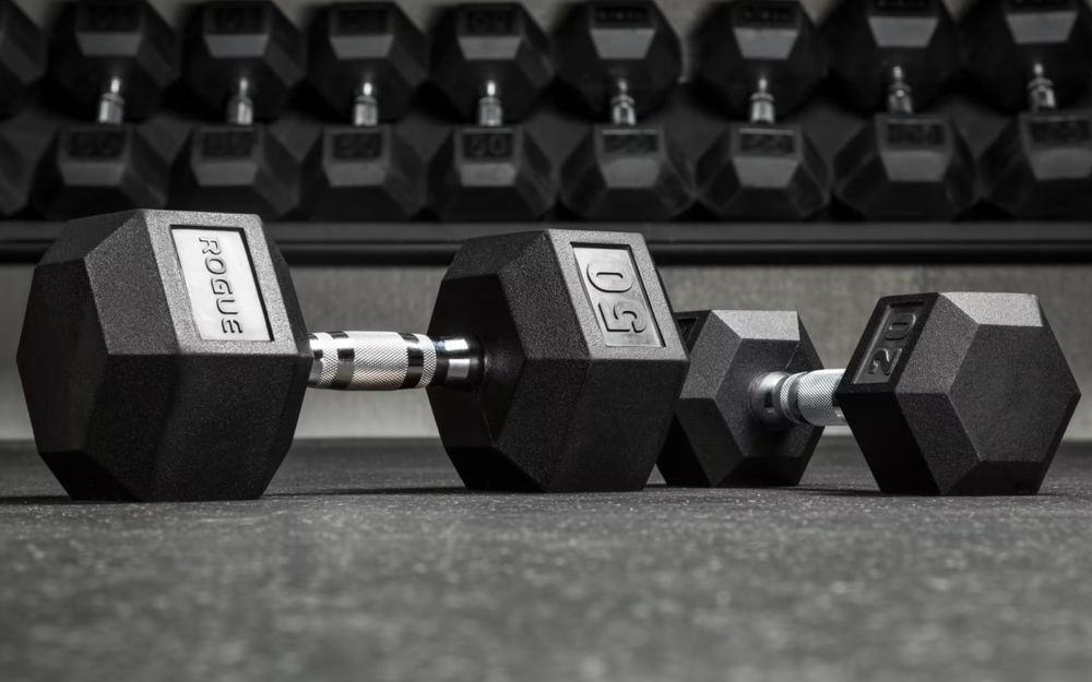 Rogue Fitness rubber hex dumbbells