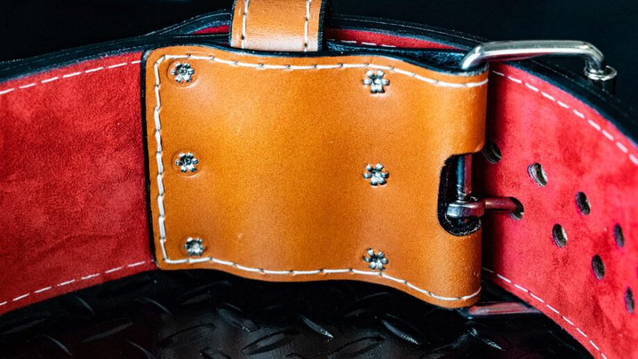 interior view of a leather buckle weight belt