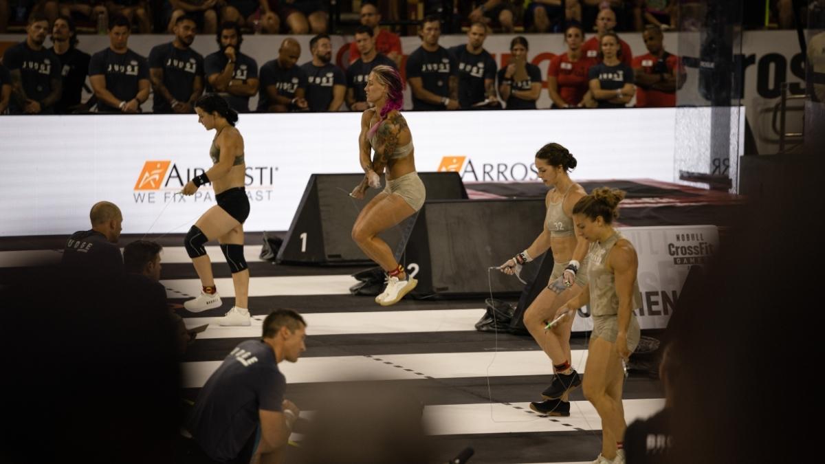 CrossFitters performing double-under crossovers at the 2022 CrossFit Games