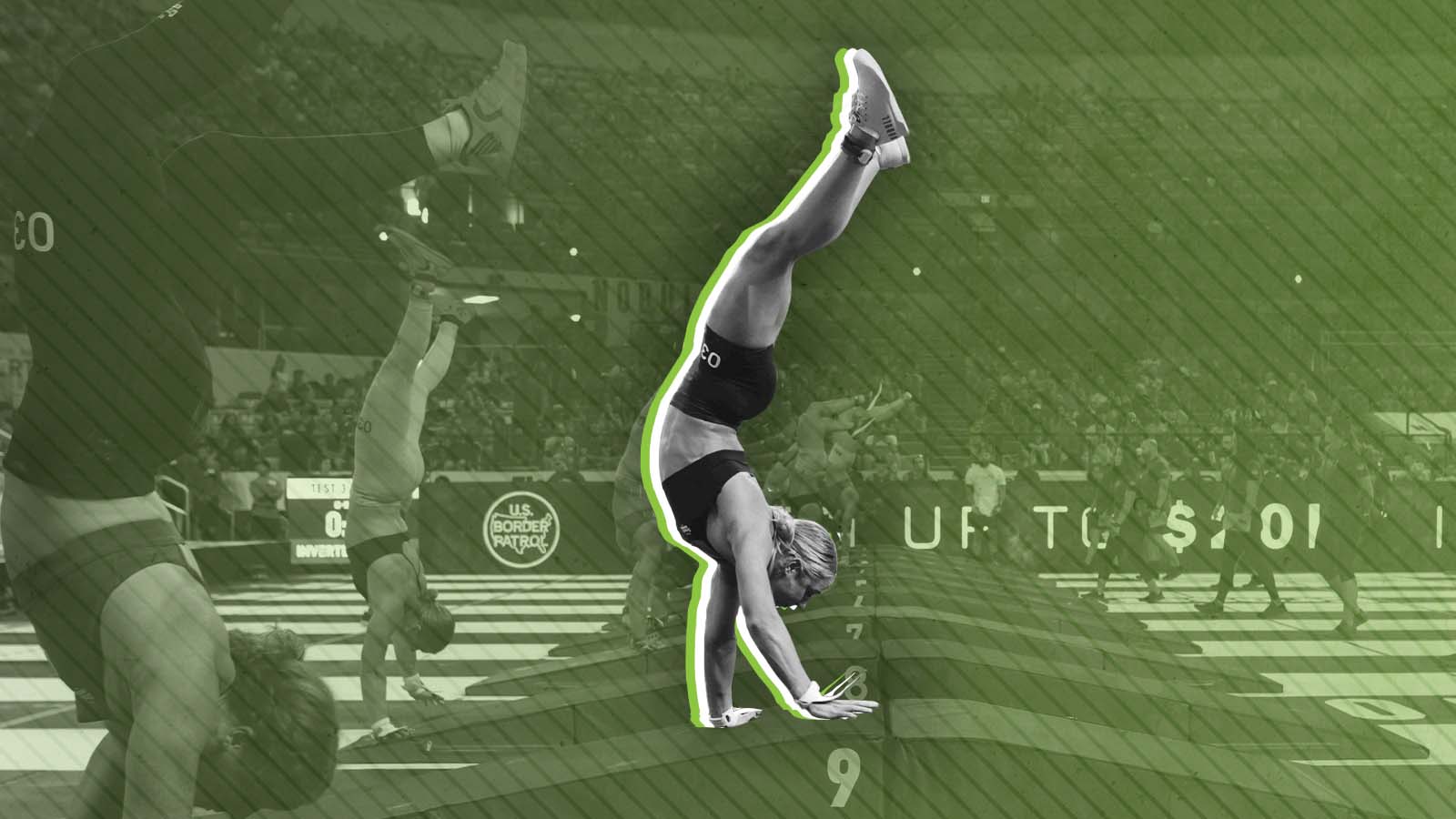 A women standing on her hands in the third event of the CrossFit Games