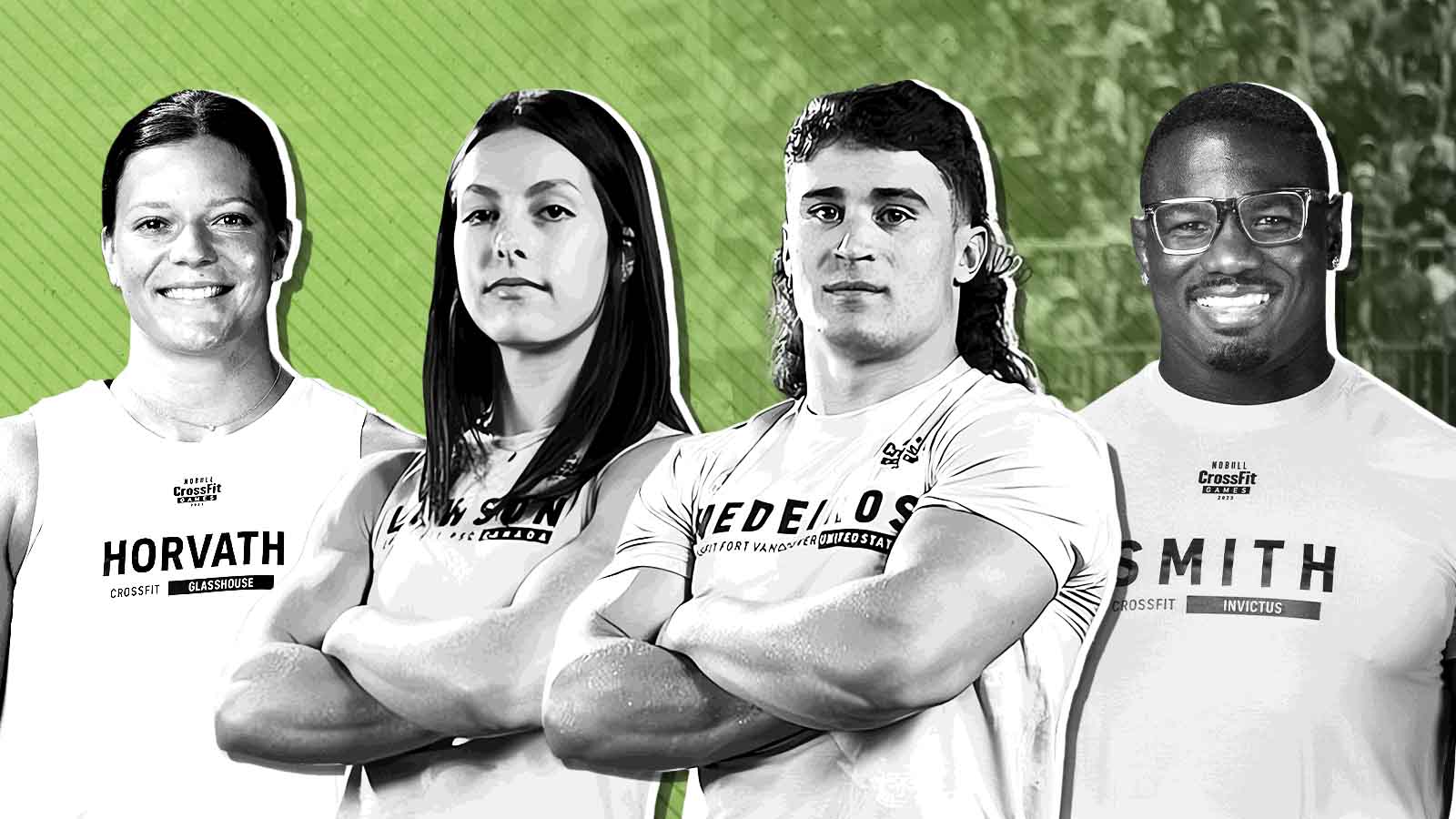 Laura Horvath, Emma Lawson, Justin Medeiros, and Chandler Smith standing stoically in front of a green back drop.