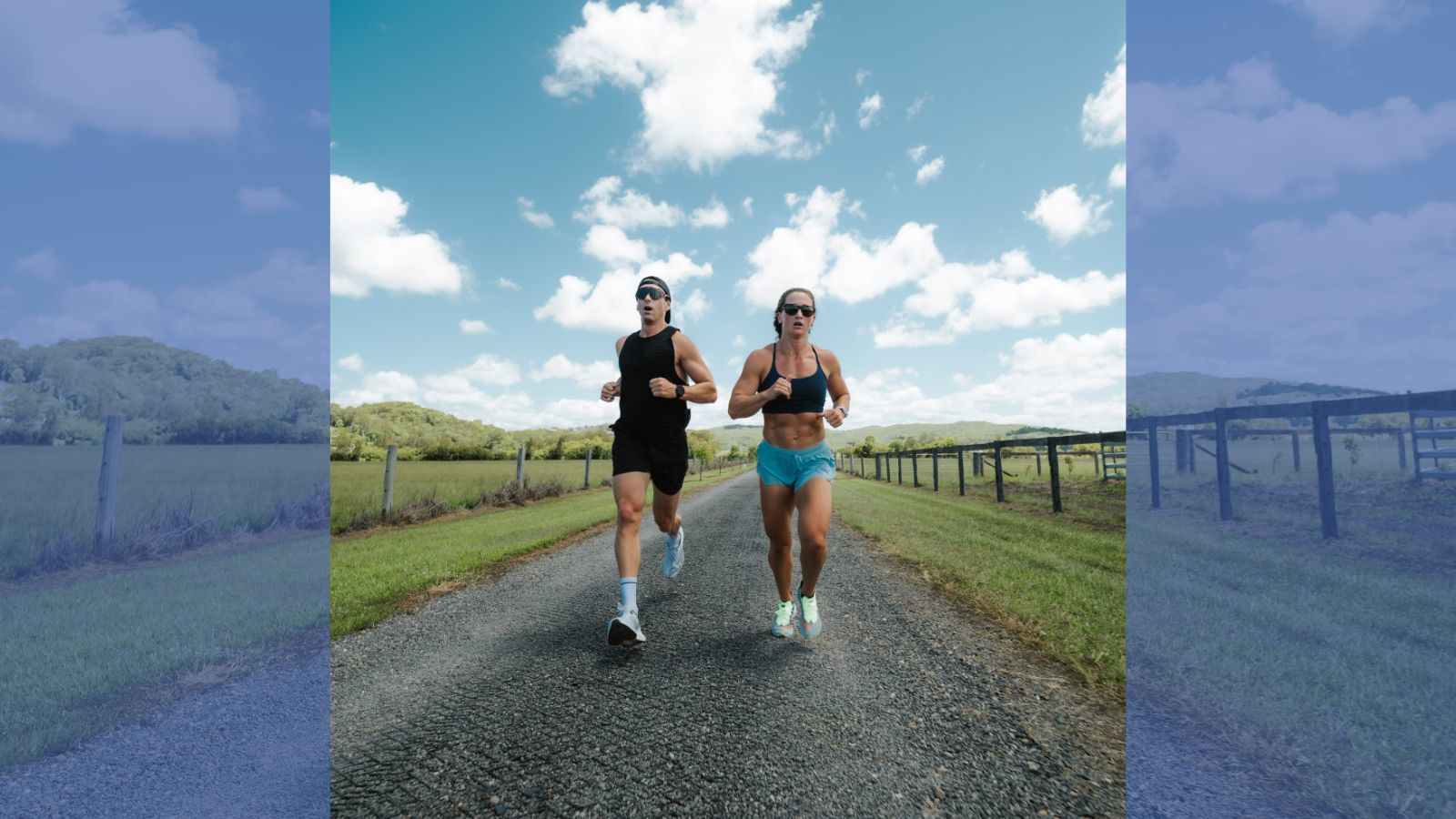 Two people are shown running in the countryside