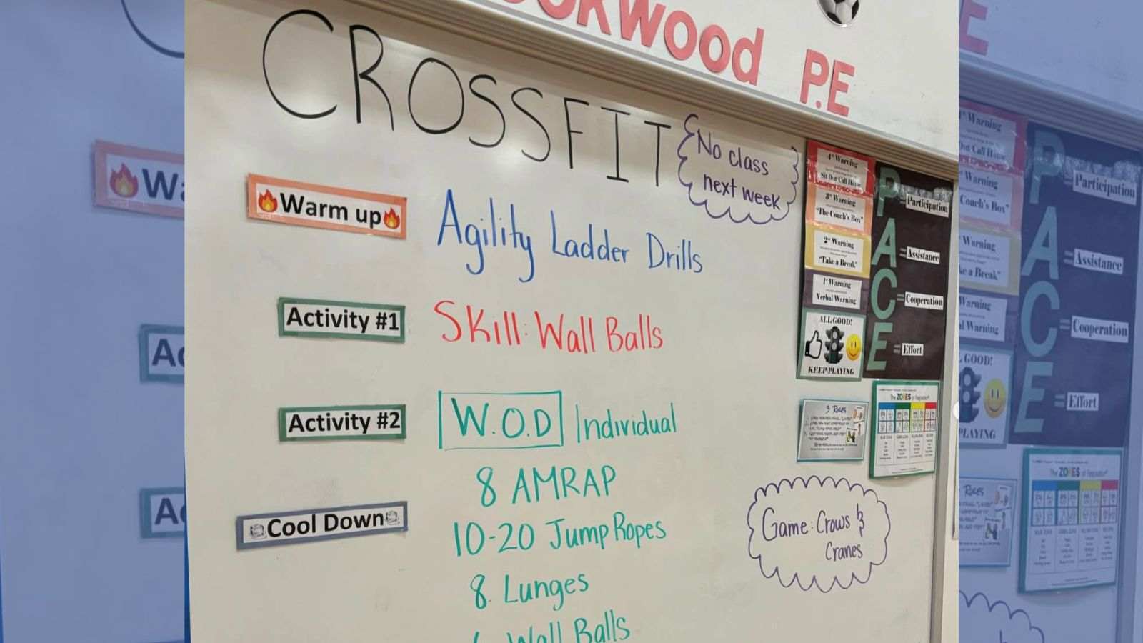 A whiteboard filled with CrossFit goal on display at Organización de Amigos