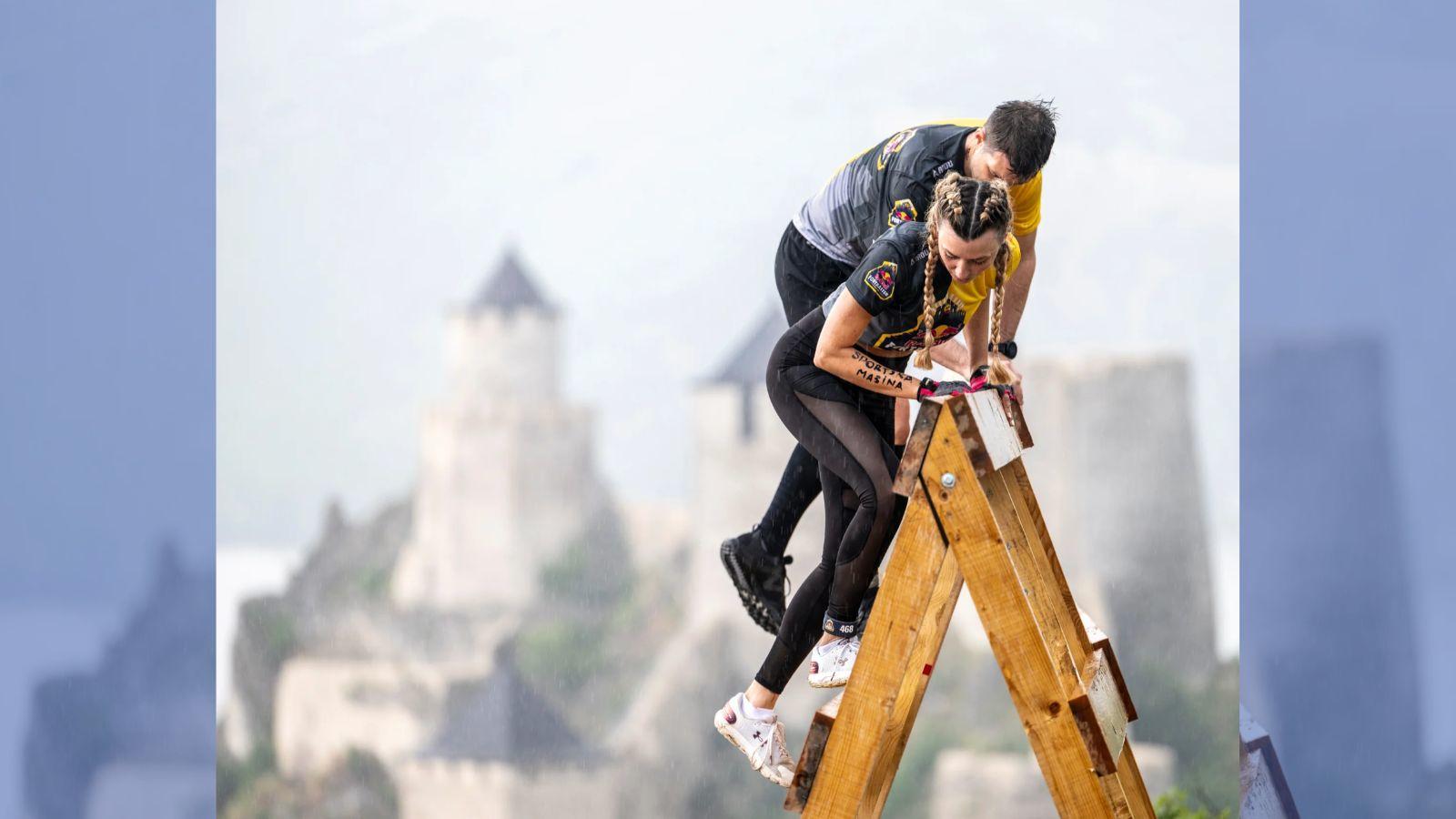 Two athletes are shown competing