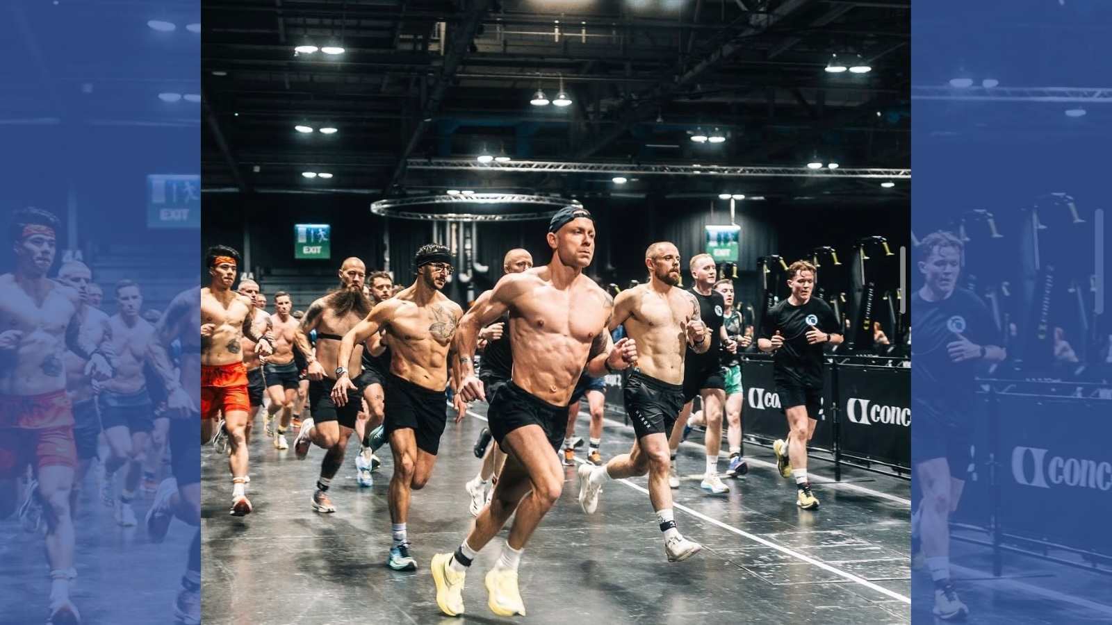 A herd of muscled shirtless men, all running for HYROX.