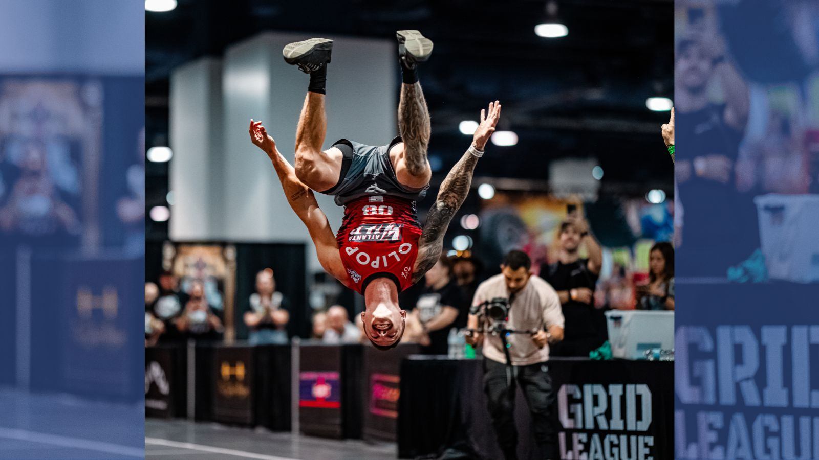 An athlete is shown mid-air and upside down at Grid League.